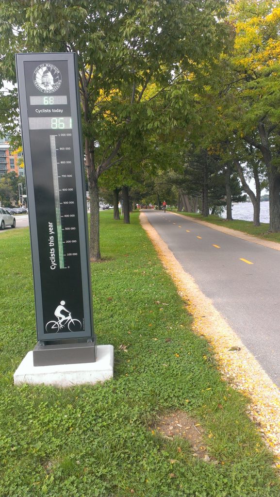 A real time bicycle and pedestrian counter. Several of these along the separated bikeways.