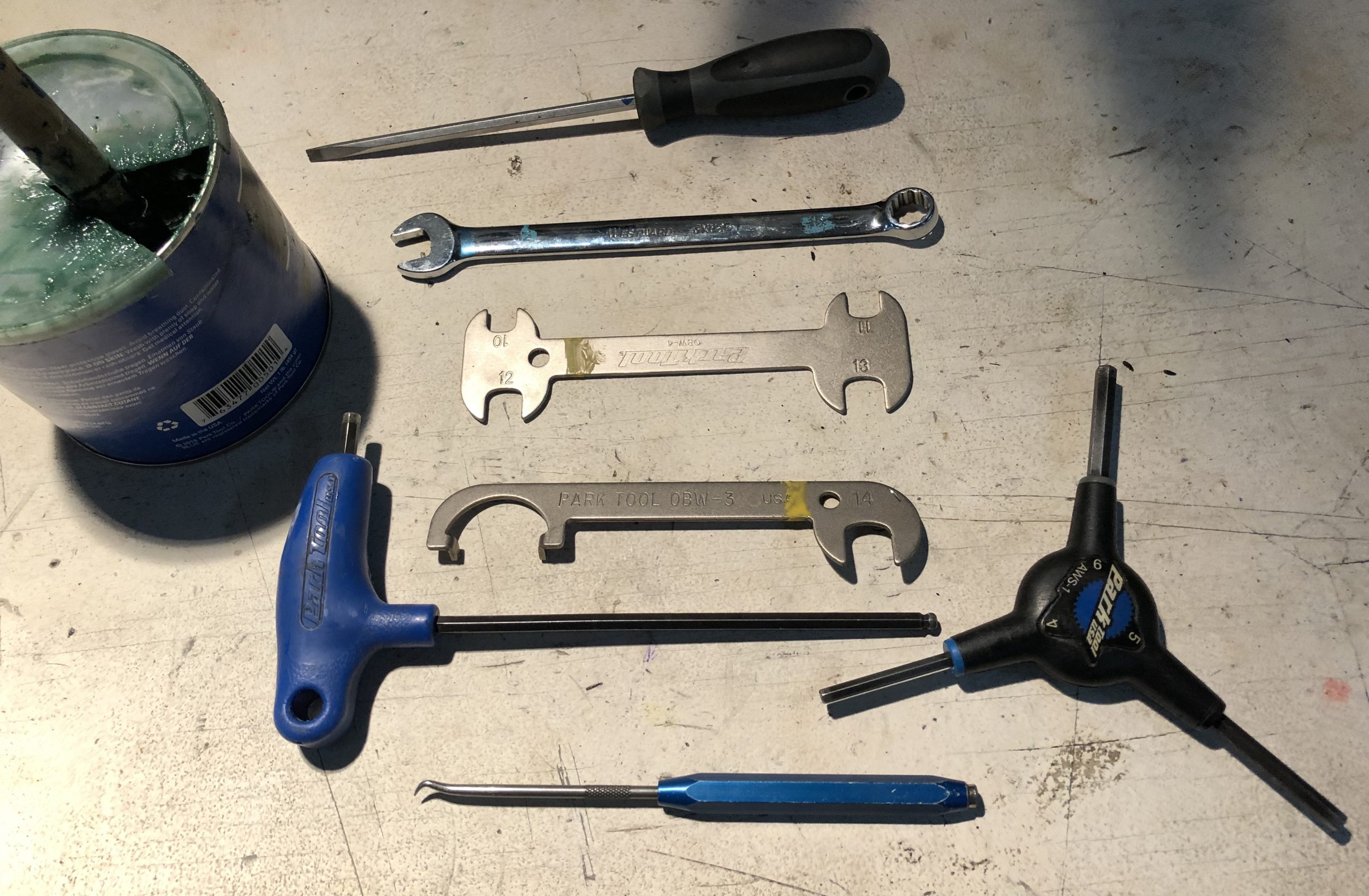 Photo of an array of bicycle repair and maintenance tools